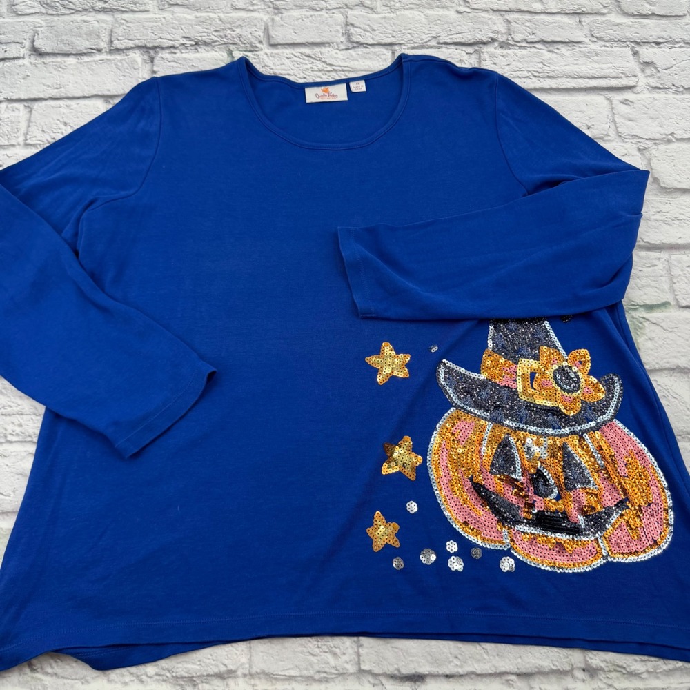 Quacker Factory Women's XL Halloween Sequin Pumpkin Blue Long Sleeve Shirt - Picture 7 of 7